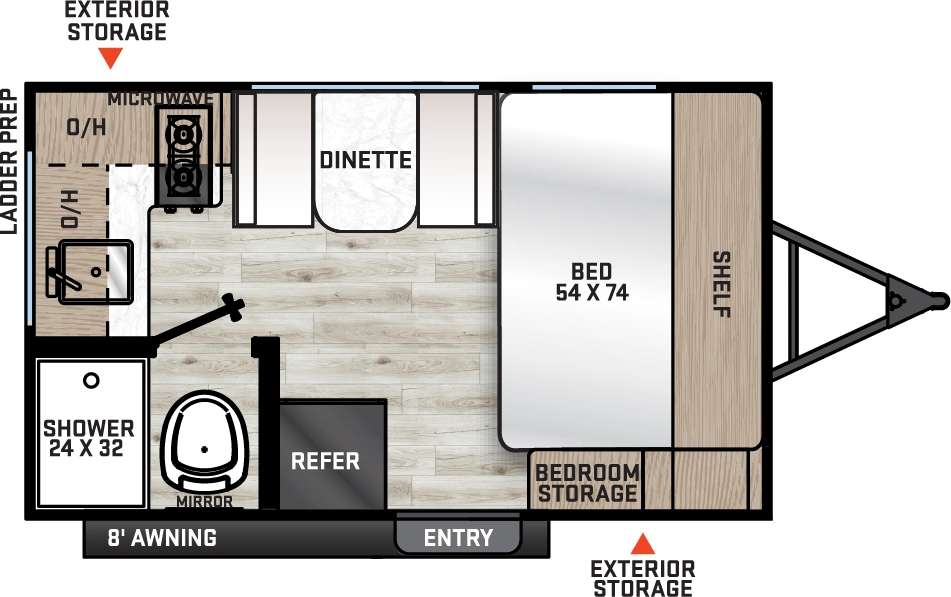 The Aurora 13RKX floorplan has one entry and zero slide outs. Exterior features include: metal exterior and 8' awning. Interiors features include: front bedroom.